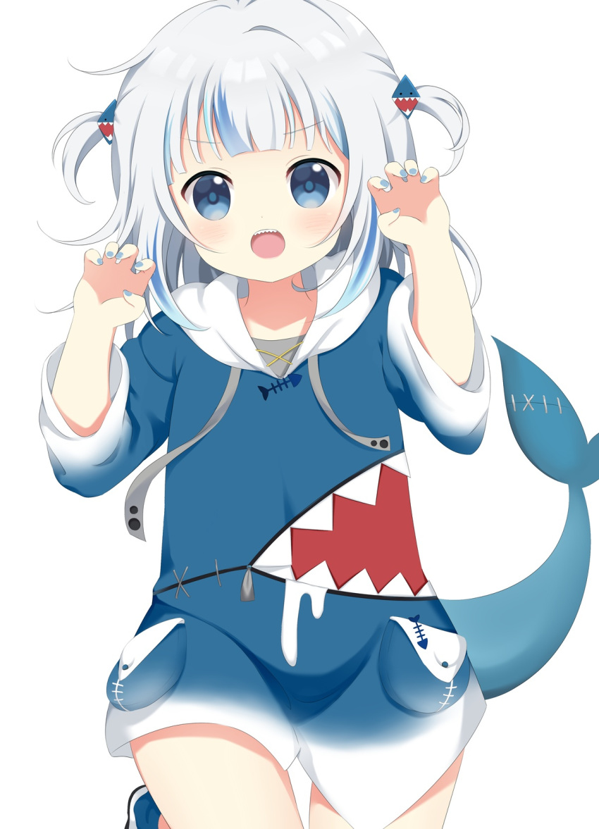 1girl :d bangs blue_eyes blue_hair blue_hoodie blue_nails blunt_bangs blush claw_pose commentary cowboy_shot english_commentary fingernails fish_tail gawr_gura hair_ornament highres hololive hololive_english hood hoodie long_hair long_sleeves looking_at_viewer multicolored_hair rabbit-hinata shark_girl shark_hair_ornament shark_tail sharp_teeth silver_hair smile solo streaked_hair tail teeth two_side_up upper_teeth v-shaped_eyebrows virtual_youtuber wide_sleeves