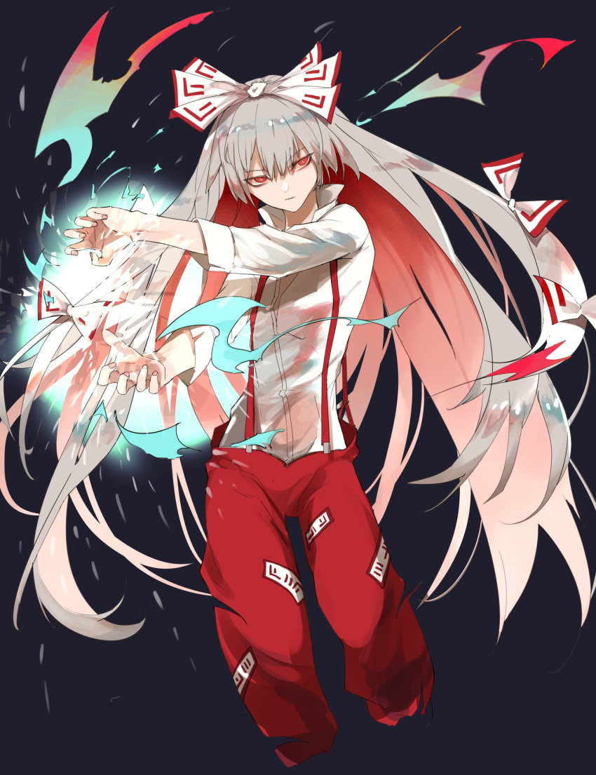 1girl baggy_pants bangs black_background bright_pupils burnt burnt_clothes buttons closed_mouth collared_shirt commentary_request damaged eyelashes fingernails from_below fujiwara_no_mokou highres hime_cut injury kerok_(joniko1110) long_hair long_sleeves looking_at_viewer looking_to_the_side ofuda pants red_eyes red_pants shiny shiny_hair shirt sidelocks silver_hair simple_background sky smoke solo sparkle standing suspenders touhou very_long_hair white_pupils white_shirt