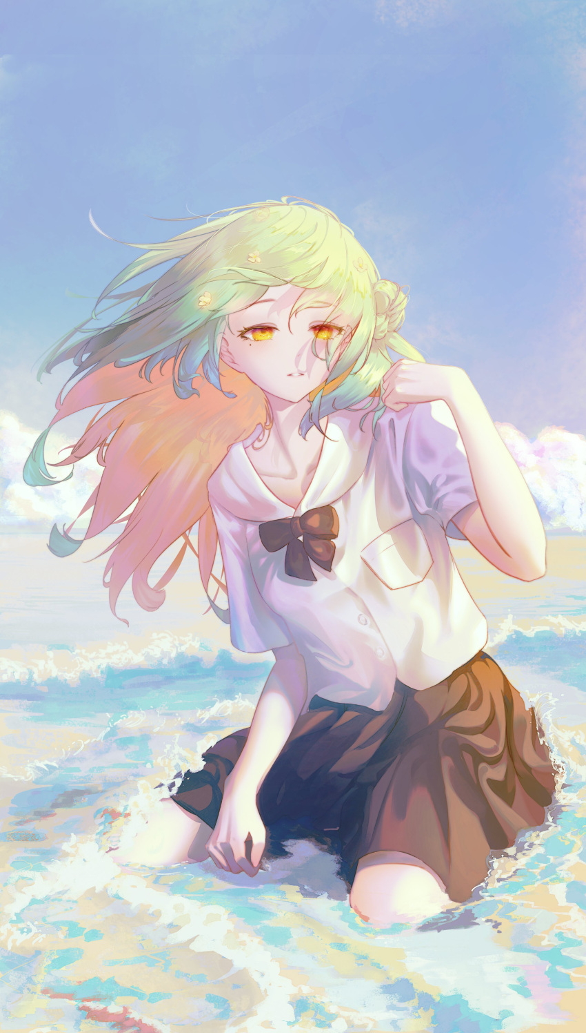 1girl absurdres black_bow black_skirt blonde_hair bow ceres_fauna clouds collarbone flower green_hair hair_between_eyes hair_flower hair_ornament highres hololive hololive_english long_hair mortis multicolored_hair outdoors seiza shirt short_sleeves sitting skirt sky solo two-tone_hair water white_shirt yellow_eyes