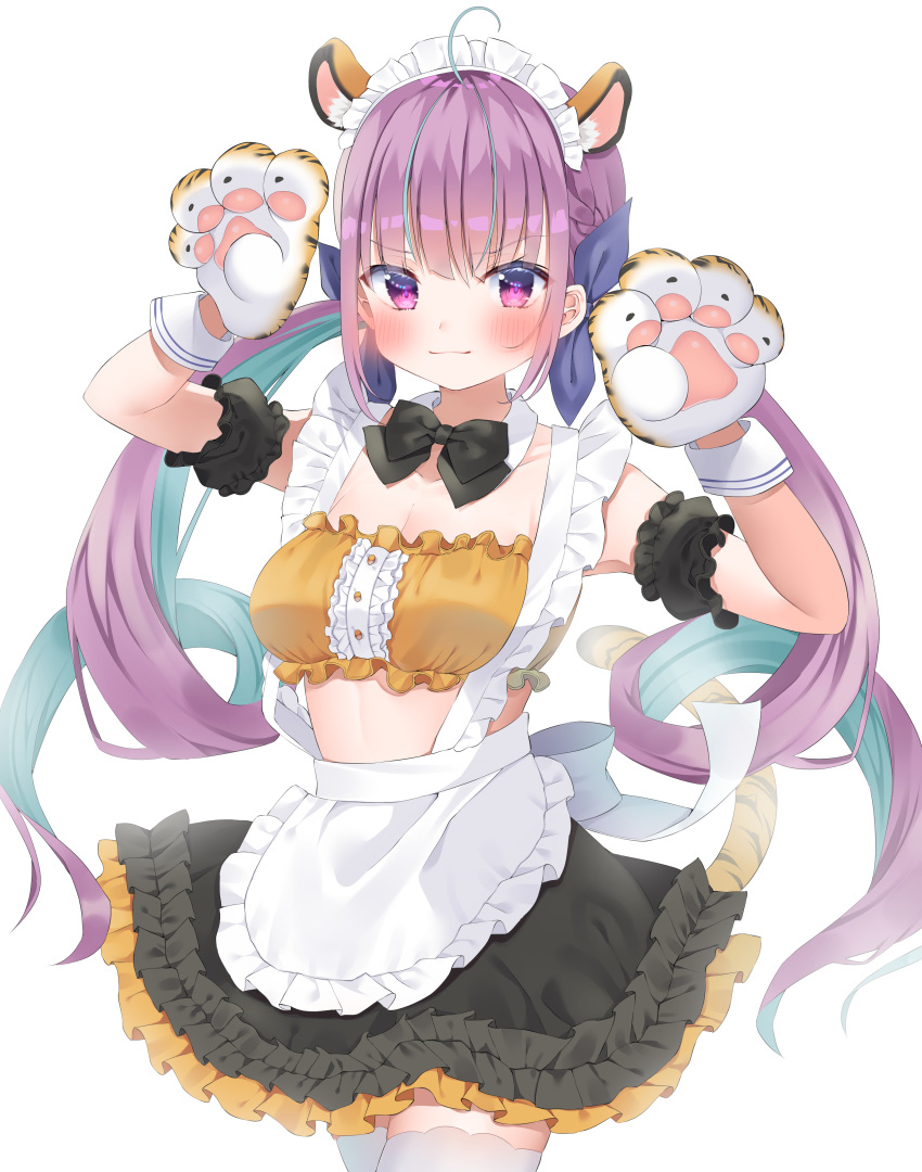 1girl absurdres ahoge animal_ear_fluff animal_ears animal_hands apron bangs black_bow black_bowtie black_skirt blue_hair blue_ribbon blush bow bowtie breasts closed_mouth commentary_request crop_top detached_collar detached_sleeves extra_ears eyebrows_visible_through_hair frilled_apron frilled_skirt frills gloves hair_ribbon highres hololive long_hair looking_at_viewer maid_headdress medium_breasts minato_aqua multicolored_hair mymerody4649 paw_gloves purple_hair ribbon skirt solo tail thigh-highs tiger_ears tiger_tail two-tone_hair very_long_hair violet_eyes virtual_youtuber white_apron white_legwear wrist_cuffs