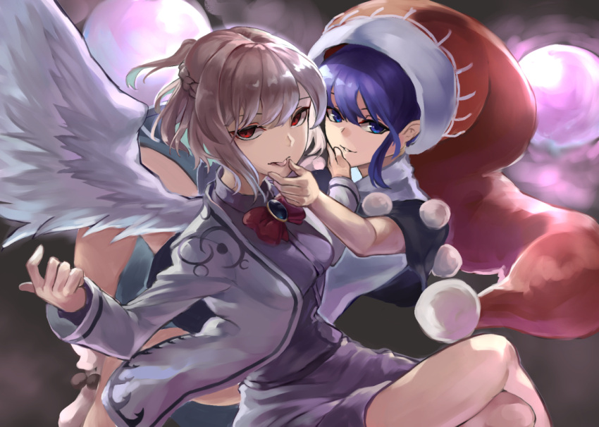 2girls :p amano_hagoromo angel_wings bangs blob blue_eyes blue_hair boots bow bowtie braid brooch capelet crossed_legs doremy_sweet dream_soul dress eyebrows_behind_hair feathered_wings feet_out_of_frame foot_out_of_frame french_braid hand_on_another's_face jacket jewelry kishin_sagume light_smile long_sleeves looking_at_viewer multiple_girls parted_lips pom_pom_(clothes) purple_dress red_bow red_bowtie red_eyes red_headwear short_hair sidelocks silver_hair simple_background single_wing tongue tongue_out touhou white_jacket wings yuri