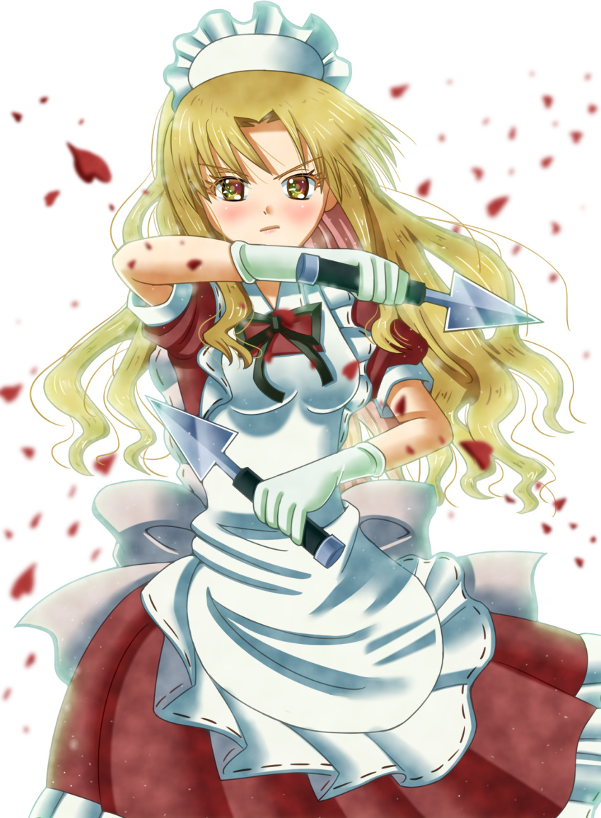 1girl apron back_bow bangs black_ribbon blonde_hair bow breasts closed_mouth collared_dress cowboy_shot dress eyelashes frilled_apron frilled_dress frills gloves highres holding long_dress long_hair maid maid_apron maid_headdress medium_breasts misaki_(originalsin) parted_bangs puffy_short_sleeves puffy_sleeves red_dress ribbon serious short_sleeves touhou touhou_(pc-98) v-shaped_eyebrows wavy_hair white_apron white_bow white_gloves yellow_eyes yumeko_(touhou)