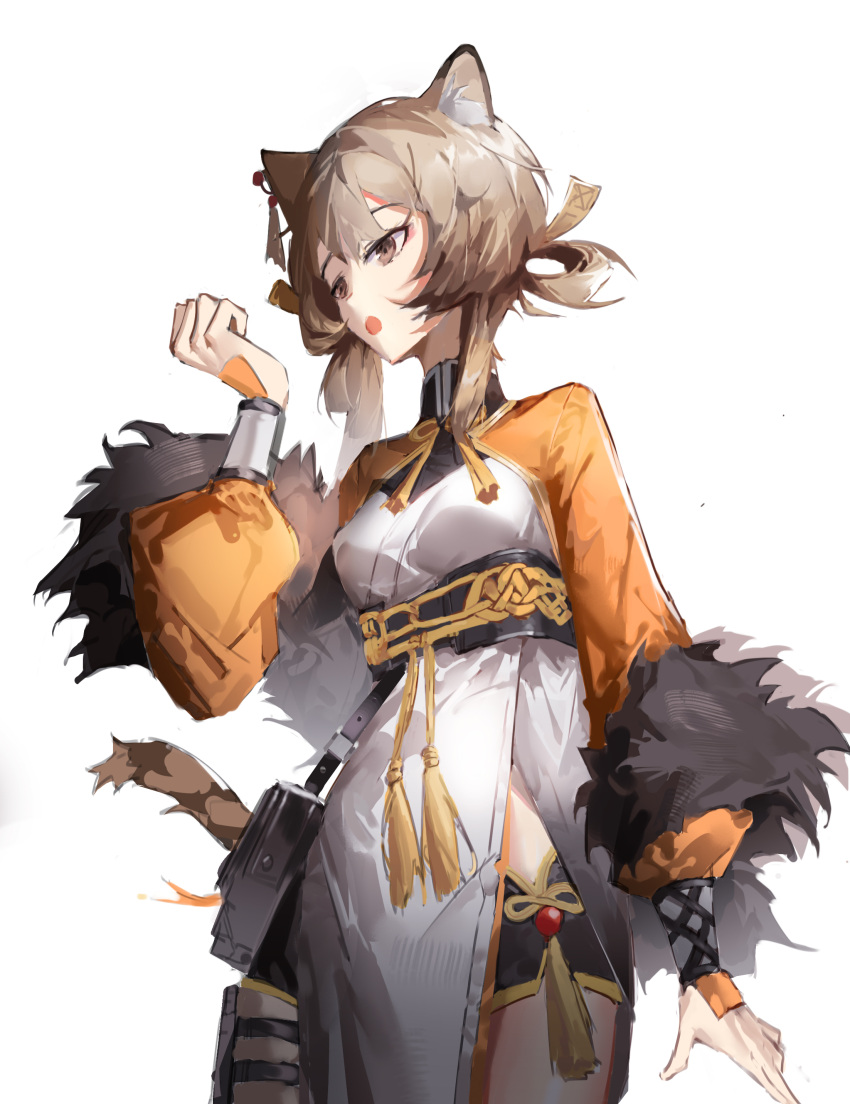 1girl 2k14_chudong absurdres animal_ears arknights arm_at_side bangs black_shorts breasts brown_eyes brown_hair cat_ears cat_girl cat_tail cowboy_shot dress du_(arknights) eyebrows_behind_hair fur_shawl highres long_sleeves open_mouth pelvic_curtain pouch puffy_long_sleeves puffy_sleeves sash short_shorts shorts simple_background small_breasts solo tail tassel underbust white_background white_dress
