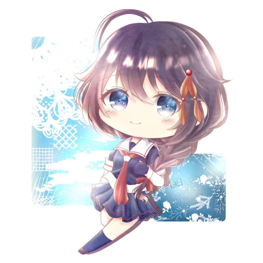 1girl ahoge black_gloves black_hair black_serafuku black_shirt black_skirt blue_eyes braid chibi full_body gloves hair_flaps hair_ornament hair_over_shoulder highres kantai_collection kumori. looking_at_viewer neckerchief one-hour_drawing_challenge pleated_skirt red_neckerchief sailor_collar school_uniform serafuku shigure_(kancolle) shigure_kai_ni_(kancolle) shirt single_braid skirt smile solo white_sailor_collar