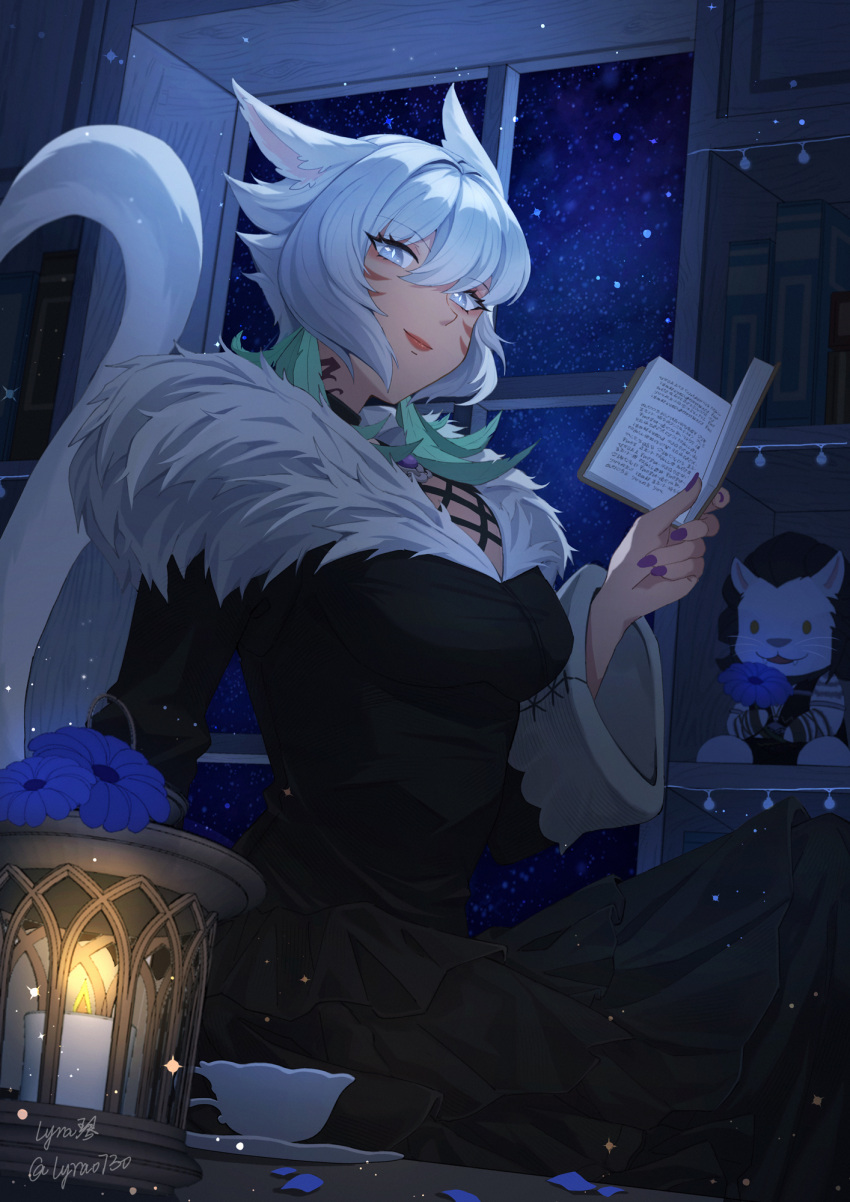 1girl animal_ears book candle cat_ears cat_tail character_doll cup earrings facial_mark feather_earrings feathers final_fantasy final_fantasy_xiv flower fur_trim highres jewelry looking_at_viewer lyra-kotto nail_polish night runar short_hair smile solo tail teacup whisker_markings white_hair window y'shtola_rhul