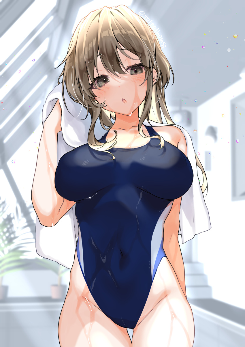 1girl :o absurdres arm_behind_back bangs bare_shoulders blue_swimsuit blush breasts brown_eyes brown_hair collarbone competition_swimsuit covered_navel cowboy_shot drying drying_hair eyebrows_visible_through_hair groin highleg highleg_swimsuit highres holding holding_towel indoors large_breasts long_hair looking_at_viewer one-piece_swimsuit open_mouth original solo swimsuit teltelhousi thigh_gap towel wet wet_hair