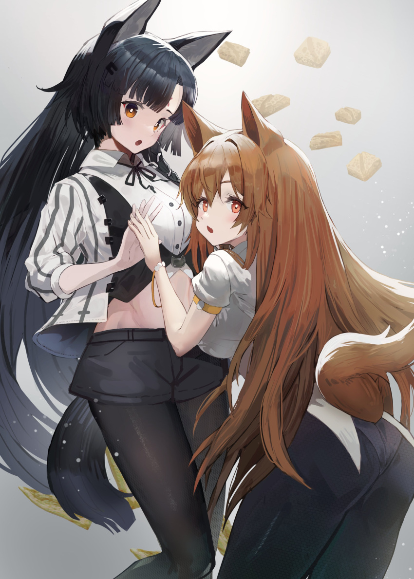 2girls :o absurdres alternate_costume animal_ear_fluff animal_ears arknights ass baklava bangs bannouyakunta black_hair black_legwear black_ribbon black_shorts blush breasts brown_eyes brown_hair ceobe_(arknights) collared_shirt dog_ears dog_girl dog_tail facial_mark feet_out_of_frame forehead_mark gradient gradient_background grey_background hair_ornament hairclip highres holding_hands jacket large_breasts legwear_under_shorts long_hair long_sleeves looking_at_viewer looking_back midriff multiple_girls neck_ribbon open_clothes open_jacket open_mouth orange_eyes panties panties_under_pantyhose pantyhose parted_bangs ribbon saga_(arknights) shirt short_shorts shorts standing striped striped_jacket tail tail_through_clothes underwear very_long_hair white_shirt