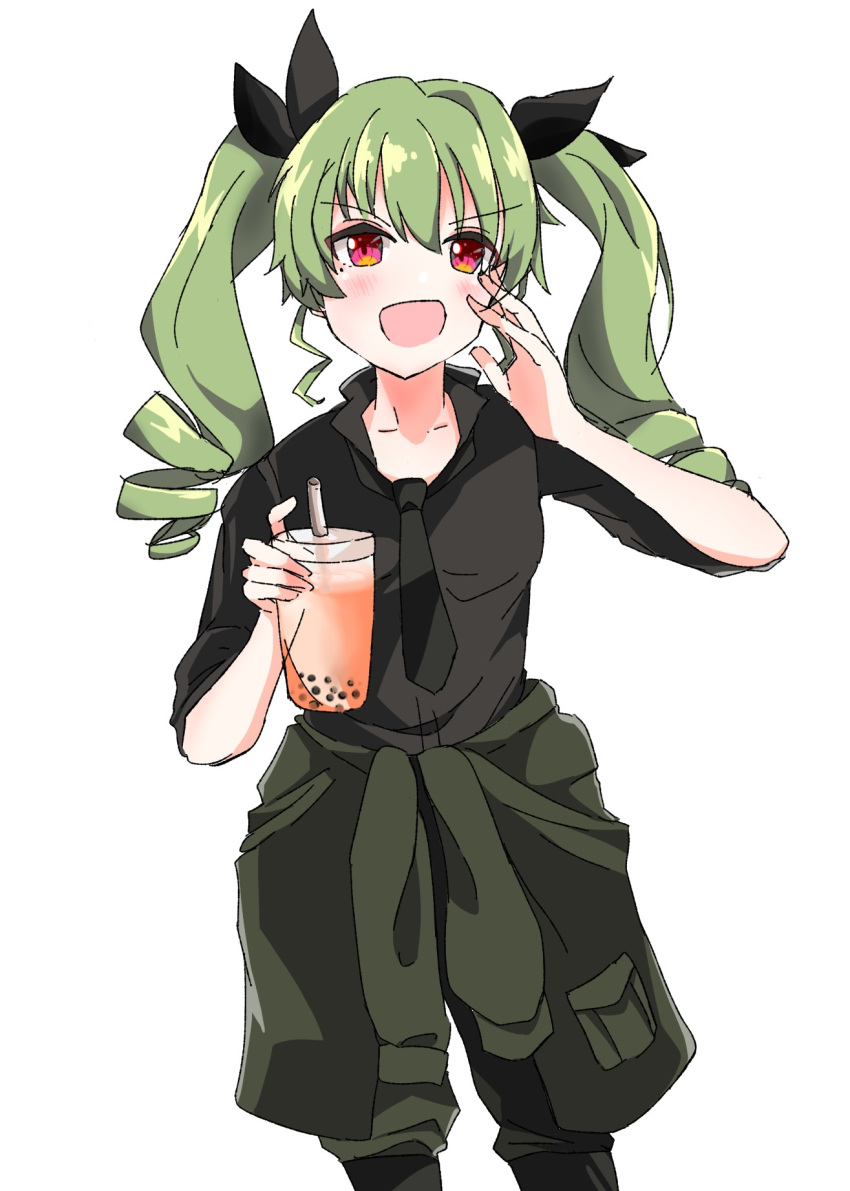 1girl anchovy_(girls_und_panzer) anzio_military_uniform bangs black_necktie black_ribbon black_shirt boots chinese_commentary clothes_around_waist commentary cup disposable_cup dress_shirt drill_hair drinking_straw eyebrows_visible_through_hair girls_und_panzer green_hair grey_pants hair_ribbon hand_to_own_mouth highres holding holding_cup knee_boots long_hair long_sleeves looking_at_viewer loose_necktie military military_uniform necktie open_collar open_mouth pants red_eyes ribbon shirt simple_background sleeves_rolled_up smile solo standing twin_drills twintails uniform white_background wing_collar yujenliu