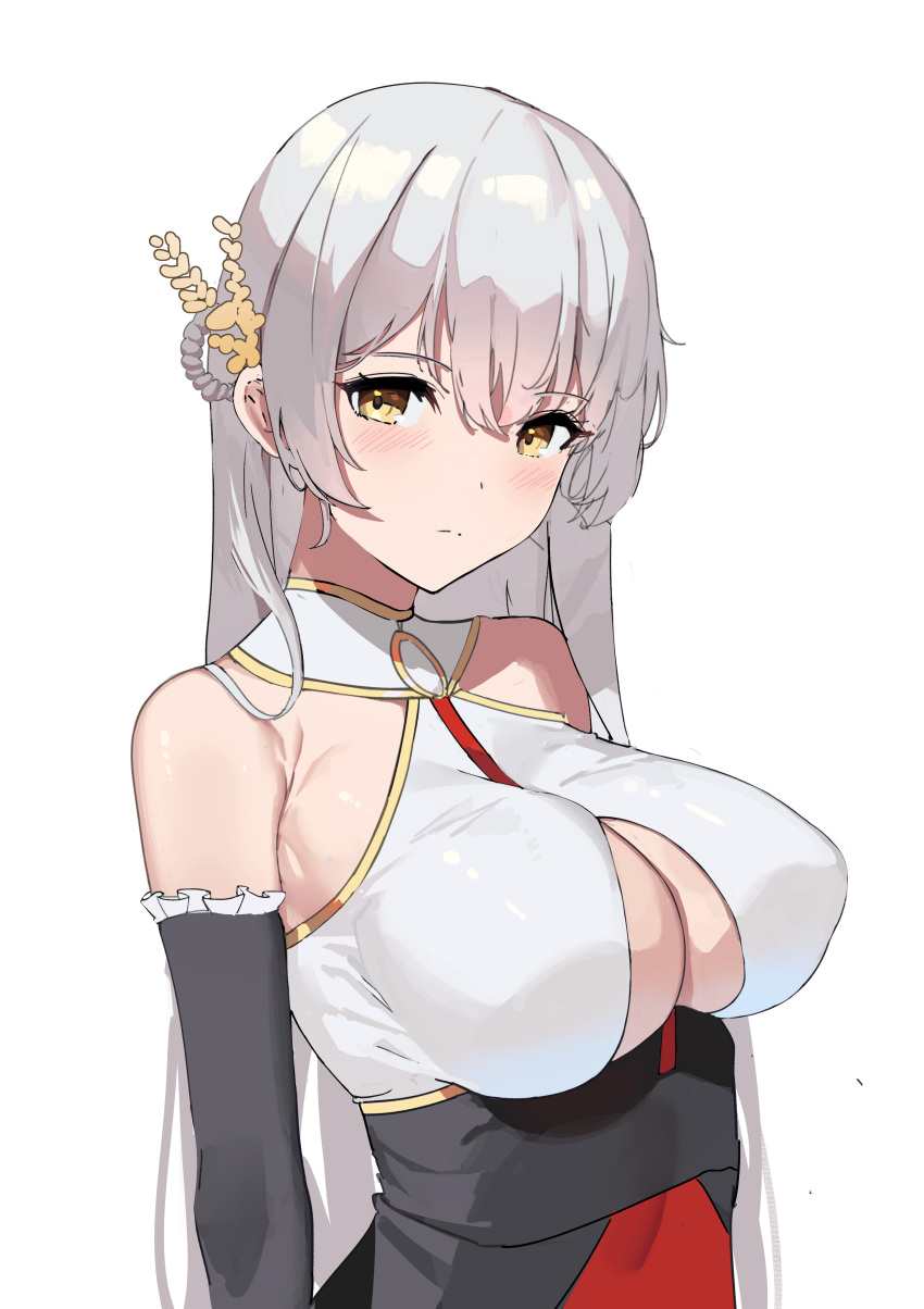 1girl absurdres azur_lane bangs bare_shoulders black_sleeves blush breasts closed_mouth detached_sleeves eyebrows_visible_through_hair hair_ornament hermione_(azur_lane) highres large_breasts long_hair long_sleeves looking_at_viewer manu_(pixiv41646715) silver_hair simple_background solo upper_body white_background yellow_eyes