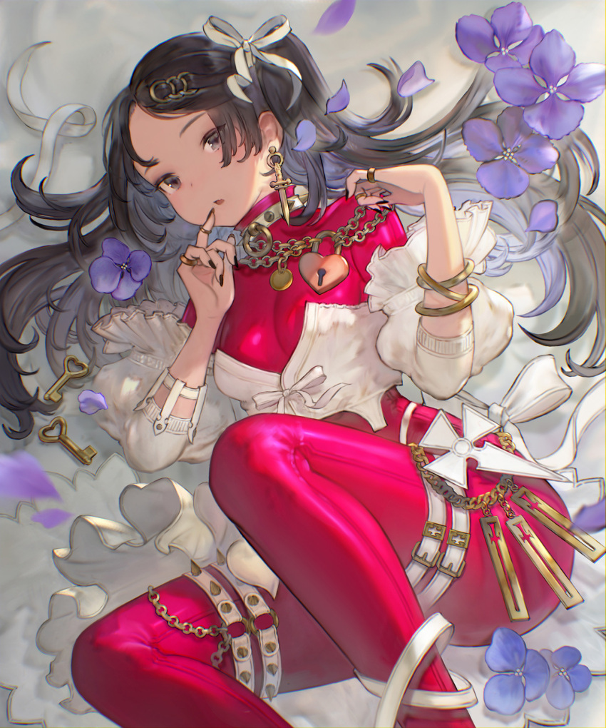 1girl black_eyes black_hair bodysuit bow chain collar detached_sleeves earrings fang feet_out_of_frame finger_to_mouth flower frills gran_saga hair_ribbon heart-shaped_lock highres jewelry key lock lying o-ring o-ring_legwear on_back open_mouth petals puffy_sleeves ribbon riesun ring skin_fang solo spiked_collar spikes