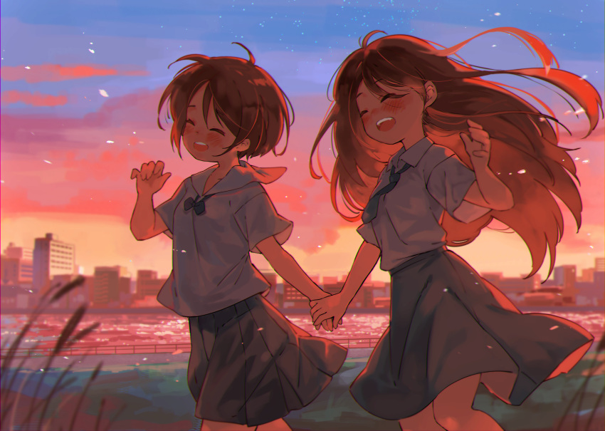 2girls :d absurdres bangs black_skirt blue_bow blue_bowtie blue_necktie bow bowtie brown_hair cityscape closed_eyes collared_shirt commentary dusk english_commentary floating_hair garun_wattanawessako highres long_hair multiple_girls necktie original outdoors sailor_collar shirt short_hair short_sleeves skirt sky smile teeth upper_teeth white_sailor_collar white_shirt