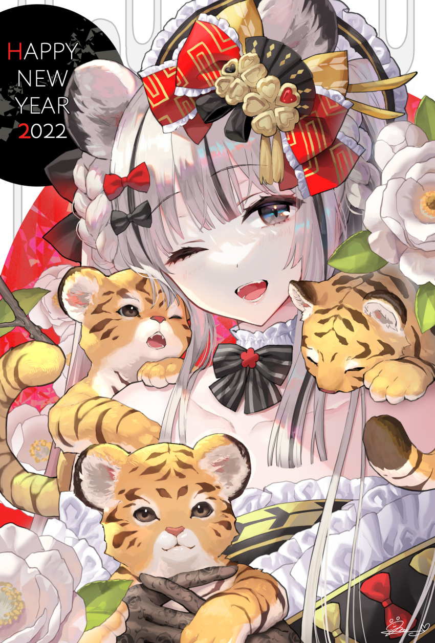 2022 :d animal_ear_fluff animal_ears bangs bare_shoulders black_bow black_bowtie black_gloves black_hair blunt_bangs blush bow bowtie braid chinese_zodiac collar collarbone colored_tips detached_collar dot_nose dress ear_bow eyebrows_visible_through_hair fangs flower frilled_bow frilled_collar frilled_dress frills gloves grey_eyes hair_bow hair_ornament happy_new_year highres holding lace-trimmed_gloves lace_trim long_hair looking_at_viewer maid_headdress multicolored_hair new_year okuma_mai one_eye_closed open_mouth original red_bow sidelocks signature smile streaked_hair striped striped_bow teeth tiger tiger_ears tiger_girl white_flower white_hair year_of_the_tiger yellow_bow