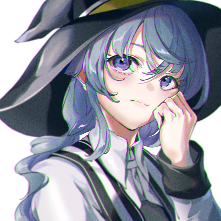 1girl absurdres bangs black_headwear blue_hair closed_mouth collared_shirt hair_between_eyes hat highres long_hair long_sleeves mushoku_tensei natsume_hinako portrait roxy_migurdia shiny shiny_hair shirt smile solo violet_eyes white_background white_shirt wing_collar witch_hat