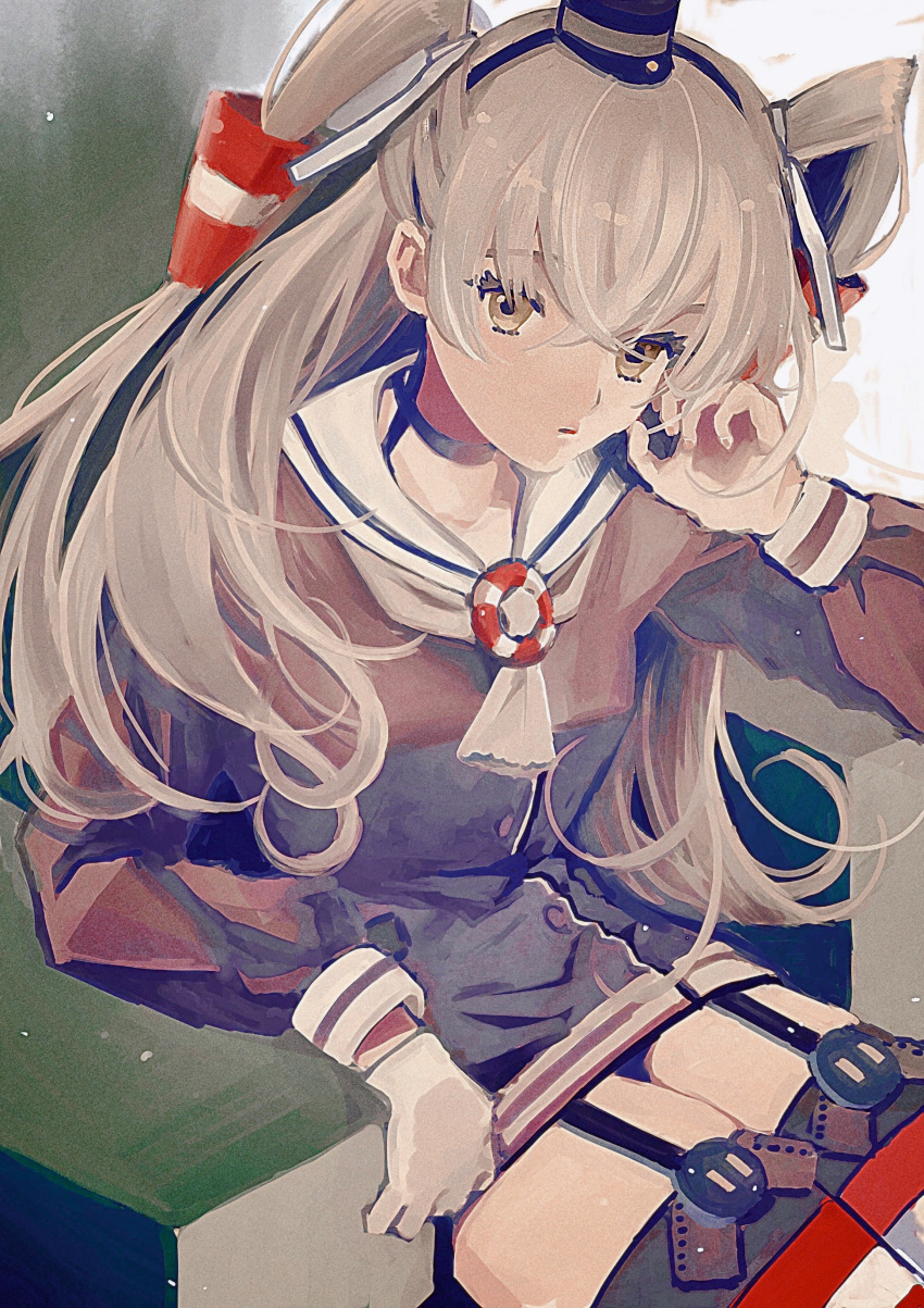 1girl absurdres amatsukaze_(kancolle) bangs black_dress breasts brown_eyes chair closed_mouth commentary_request crossed_bangs dress garter_straps gloves grey_hair grey_neckerchief hair_tubes highres ikurabbit kantai_collection long_hair long_sleeves looking_at_viewer neckerchief sailor_collar sailor_dress single_glove sitting small_breasts solo thigh-highs two_side_up very_long_hair white_gloves