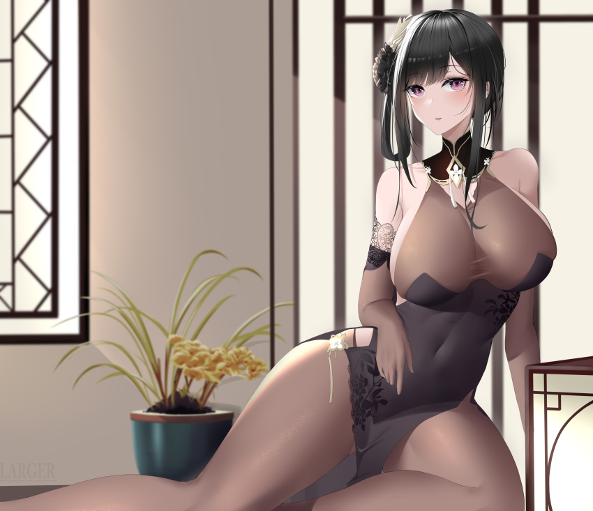 1girl absurdres azur_lane bare_shoulders black_dress black_flower black_gloves black_hair black_legwear breasts commentary_request covered_navel dress elbow_gloves floral_print flower gloves hair_flower hair_ornament highres indoors large_breasts larger_bmx leaning_to_the_side looking_at_viewer pantyhose parted_lips pelvic_curtain plant potted_plant print_dress see-through sitting sleeveless sleeveless_dress solo taut_clothes violet_eyes zhenhai_(azur_lane)