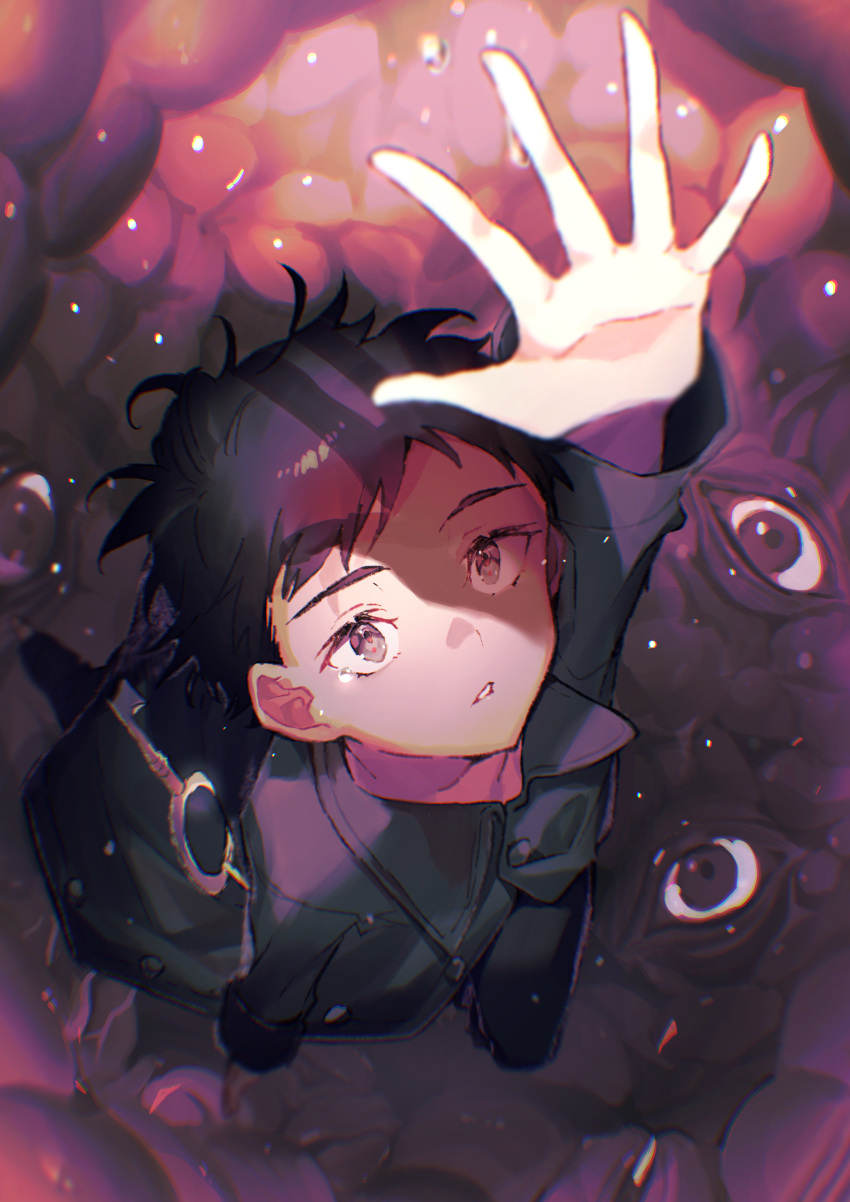 1boy absurdres black_hair brown_eyes coat commentary disembodied_eye flesh foreshortening from_above grey_coat hand_up highres horror_(theme) key little_nightmares looking_up messy_hair mono onene_(ban) parted_lips partially_unbuttoned perspective shaded_face solo spread_fingers water_drop