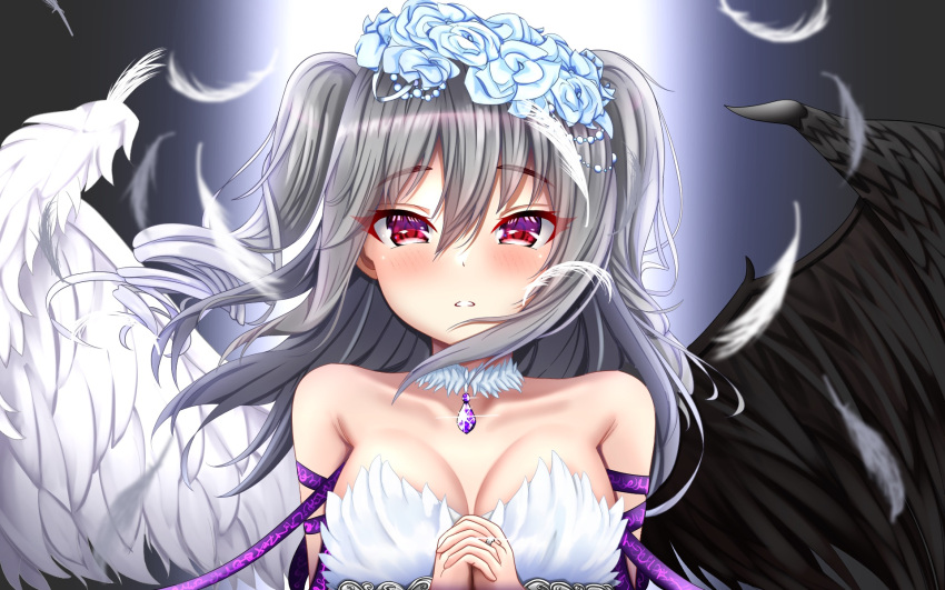 1girl angel_wings asymmetrical_wings bare_shoulders black_wings blue_flower blue_rose blush breasts collarbone commentary_request eyebrows_visible_through_hair eyelashes feathered_wings flower grey_hair hachi7515 hair_between_eyes hair_flower hair_ornament highres idolmaster idolmaster_cinderella_girls kanzaki_ranko large_breasts long_hair multicolored_wings own_hands_clasped own_hands_together red_eyes rose solo white_wings wings