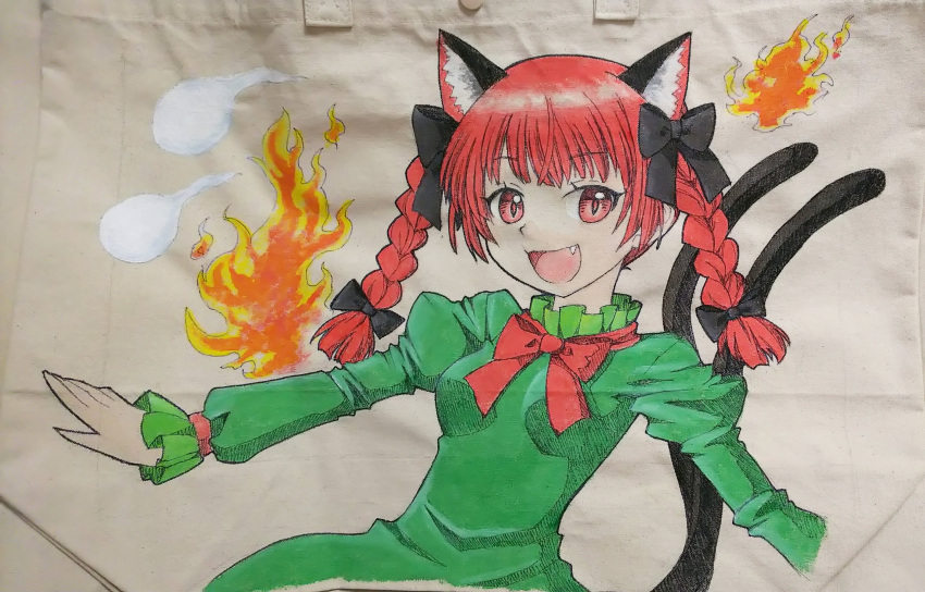 1girl :d absurdres animal_ear_fluff animal_ears bag_(medium) bangs bow bowtie braid breasts cat_ears cat_tail dress extra_ears eyebrows_visible_through_hair fang fire flame green_dress hair_ribbon highres hitodama juliet_sleeves kaenbyou_rin long_sleeves multiple_tails nekomata puffy_sleeves red_bow red_bowtie red_eyes redhead ribbon slit_pupils small_breasts smile solo syaoruu tail touhou traditional_media tress_ribbon twin_braids twintails two_tails upper_body