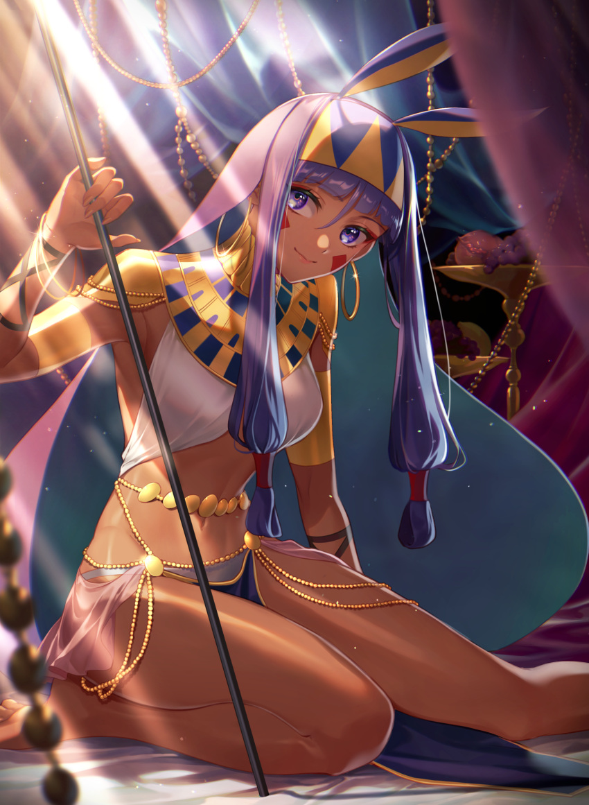 1girl animal_ears bangs belly_chain bracelet breasts dark-skinned_female dark_skin earrings facepaint facial_mark fate/grand_order fate_(series) hairband halter_top halterneck highres hoop_earrings jackal_ears jewelry light_rays long_hair looking_at_viewer low-tied_long_hair medium_breasts navel nitocris_(fate) noes purple_hair sidelocks sitting smile solo staff thighs usekh_collar very_long_hair violet_eyes