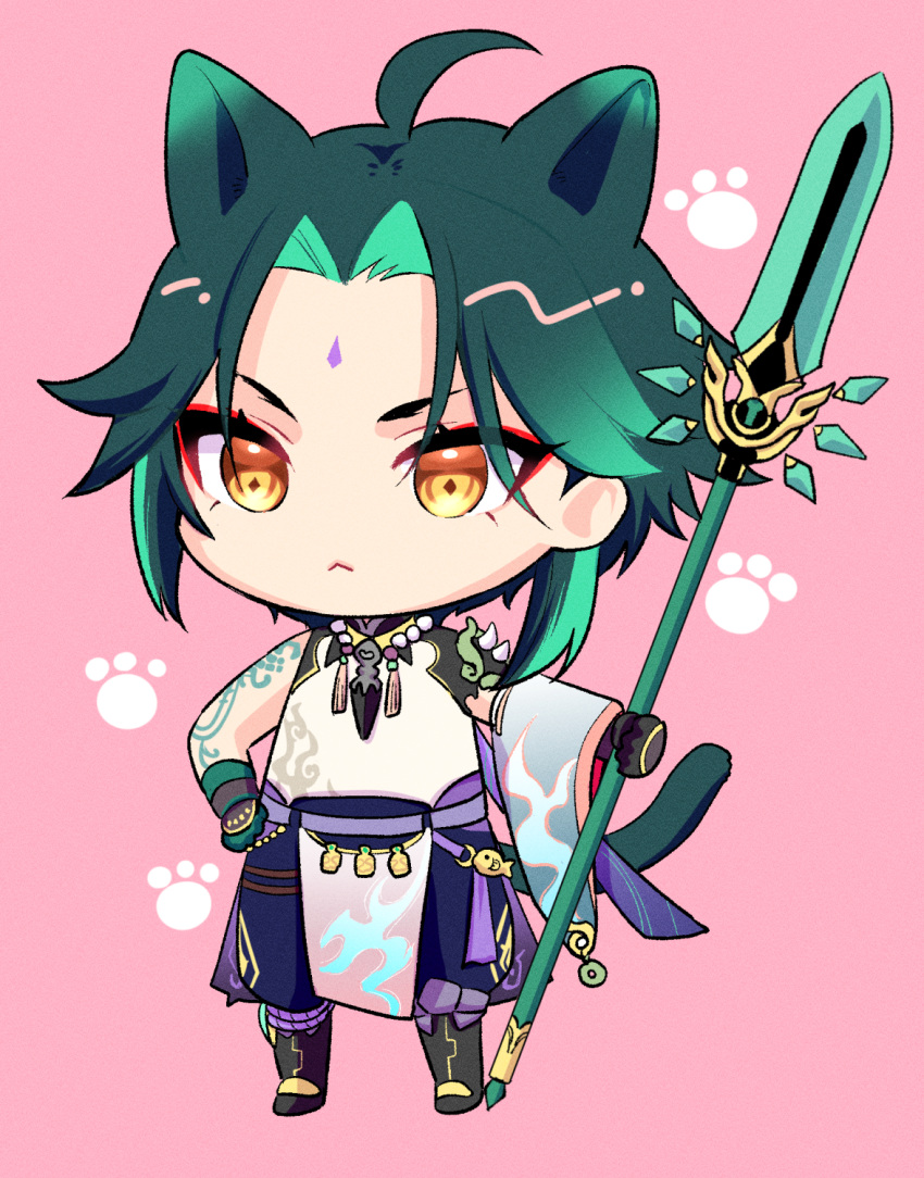 1boy animal_ears arm_tattoo bangs bead_necklace beads black_hair cat_ears chibi closed_mouth genshin_impact gloves green_hair highres holding jewelry kisaki030p kisekisaki long_hair male_focus multicolored_hair multiple_boys necklace pink_background simple_background solo tassel tattoo xiao_(genshin_impact) yellow_eyes