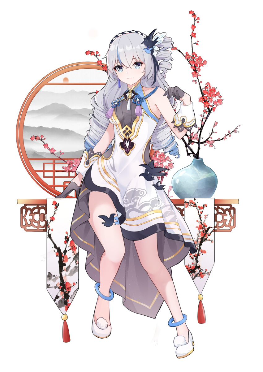 1girl absurdres bangs bare_shoulders black_gloves bronya_zaychik china_dress chinese_clothes closed_mouth dress drill_hair earrings full_body gloves grey_eyes grey_hair headband highres honkai_(series) honkai_impact_3rd jewelry long_hair looking_at_viewer plant qingxiao_kiyokiyo simple_background single_earring sitting sleeveless sleeveless_dress smile solo twin_drills vase white_background white_dress white_footwear window