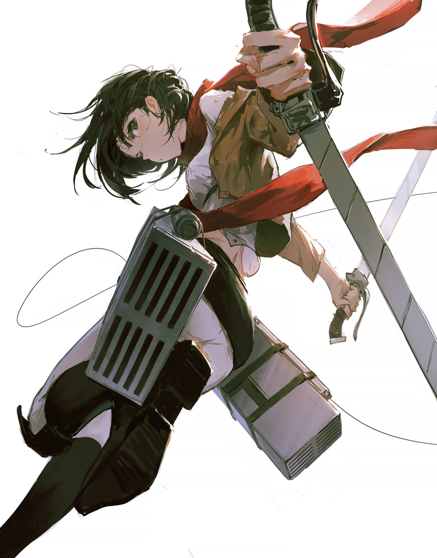 1girl ass black_footwear black_hair boots brown_eyes brown_jacket dino_(dinoartforame) dual_wielding floating_hair from_below from_side full_body highres holding holding_sword holding_weapon jacket looking_at_viewer looking_down mikasa_ackerman pants paradis_military_uniform red_scarf scarf shingeki_no_kyojin shirt short_hair simple_background solo sword three-dimensional_maneuver_gear weapon white_background white_pants white_shirt wire