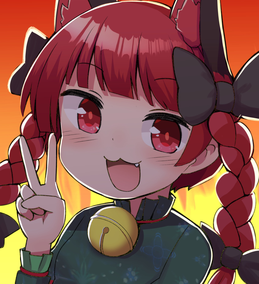 1girl :3 :d animal_ear_fluff animal_ears bangs bell black_bow blunt_bangs blush bow braid cat_day cat_ears dress extra_ears eyebrows_visible_through_hair fang frills gradient gradient_background green_dress hair_bow hand_up highres jingle_bell kaenbyou_rin long_hair orange_background red_eyes redhead saisoku_no_yukkuri simple_background smile solo touhou twin_braids twintails upper_body v