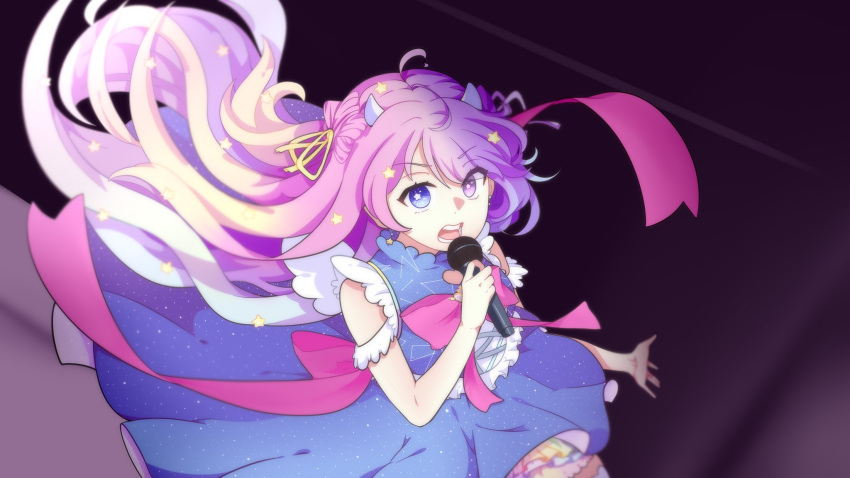 1girl blue_eyes bow constellation_print demon_girl demon_horns dress emberlith heterochromia highres horns indie_virtual_youtuber long_hair microphone multicolored_hair pale_skin pink21199230 pink_hair purple_hair ribbon space star_(sky) star_(symbol) violet_eyes virtual_youtuber