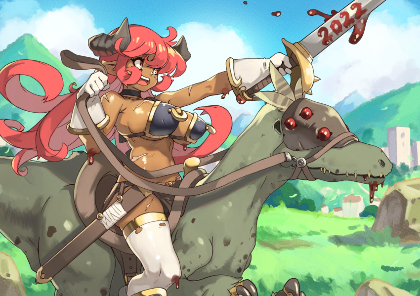 1girl 2022 :d breasts commentary dark-skinned_female dark_skin dinosaur dragon_riding english_commentary from_side gloves holding holding_reins holding_sword holding_weapon horns large_breasts long_hair open_mouth original outdoors pointy_breasts red_eyes redhead reins riding saddle smile solo sword thigh-highs vins-mousseux weapon white_gloves white_legwear