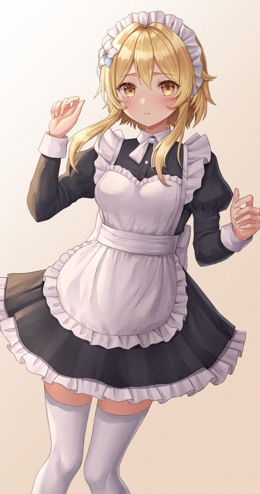 1girl alternate_costume apron bangs black_dress blonde_hair blush breasts closed_mouth commentary dress enmaided foreshortening frilled_apron frills genshin_impact gradient gradient_background hair_between_eyes hair_intakes hands_up highres juliet_sleeves legs_apart long_sleeves looking_at_viewer lumine_(genshin_impact) maid maid_headdress neck_ribbon puffy_sleeves ribbon seungju_lee shiny shiny_hair short_hair_with_long_locks solo standing thigh-highs thighs white_apron white_legwear white_ribbon yellow_eyes
