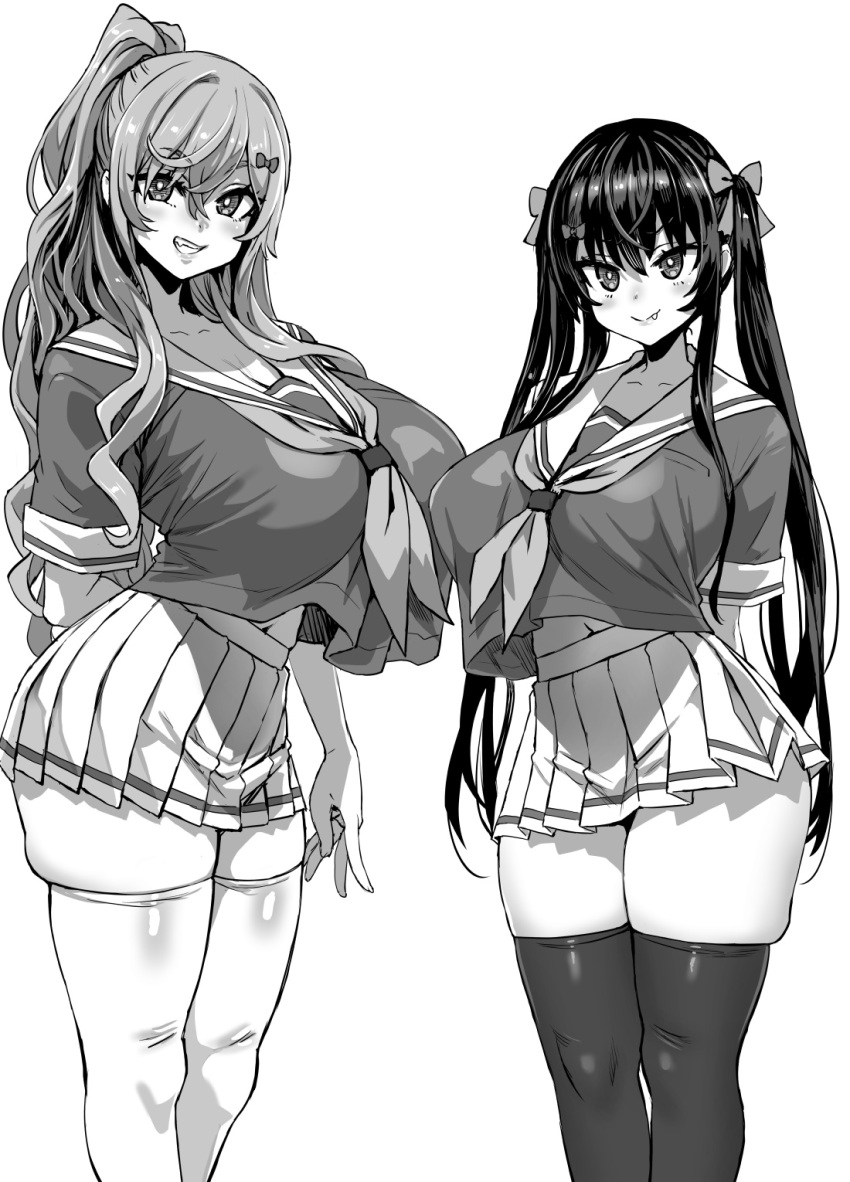 2girls asanagi breasts fang greyscale grin hair_ribbon highres huge_breasts monochrome multiple_girls original ponytail ribbon school_uniform skindentation smile thick_thighs thigh-highs thighs twintails white_background