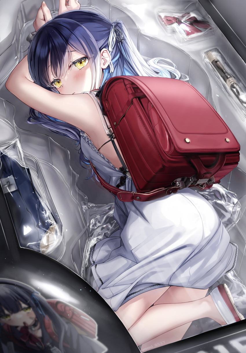 1girl absurdres arms_up bag bangs blue_hair blush bow bowtie cuffs flute from_behind hair_between_eyes handcuffs highres instrument leg_up looking_at_viewer one-piece_swimsuit original ponytail school_bag school_swimsuit skirt solo star_(symbol) swimsuit white_skirt yellow_eyes yunmi_0527