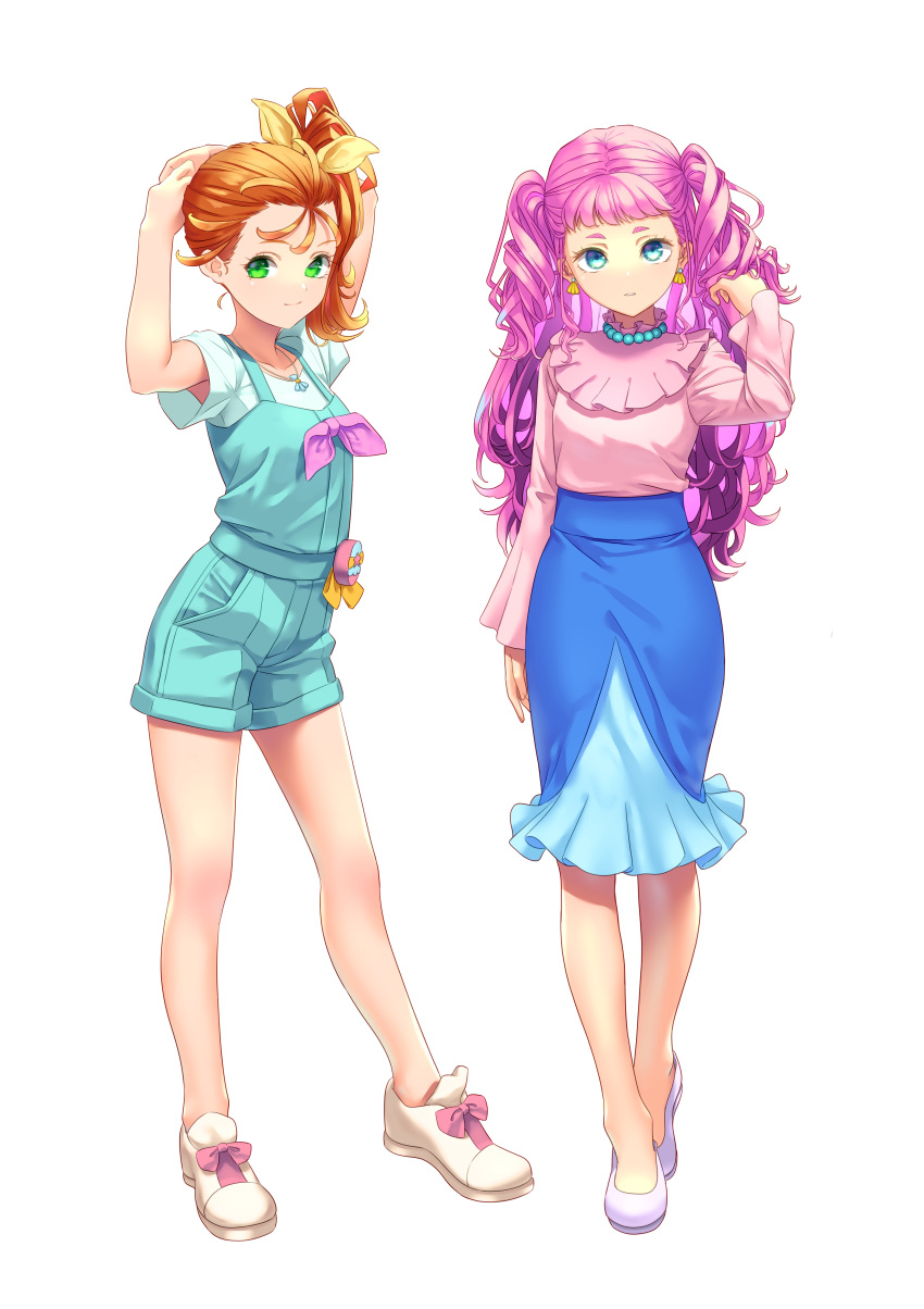 2girls absurdres arms_up bare_legs blue_eyes blue_shorts blue_skirt bow brown_hair closed_mouth earrings full_body green_eyes hair_bow hand_in_hair high_ponytail highres jewelry laura_la_mer long_hair long_sleeves looking_at_viewer medium_skirt multiple_girls natsuumi_manatsu necklace overalls pink_hair pink_shirt precure shell shell_earrings shell_necklace shirt short_shorts short_sleeves shorts side_ponytail simple_background skirt smile standing tropical-rouge!_precure twintails very_long_hair white_background white_footwear yellow_bow yoko-ya_manjirou