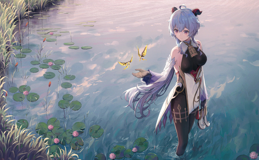 ahoge bangs bare_shoulders bell black_legwear blue_hair blush breasts bug butterfly detached_sleeves ebiri_fy flower ganyu_(genshin_impact) genshin_impact gold_trim high_heels highres holding holding_shoes horns lily_pad long_hair looking_at_another lotus medium_breasts neck_bell no_gloves outdoors shoes shoes_removed sidelocks smile solo standing thighlet waist_cape water white_sleeves