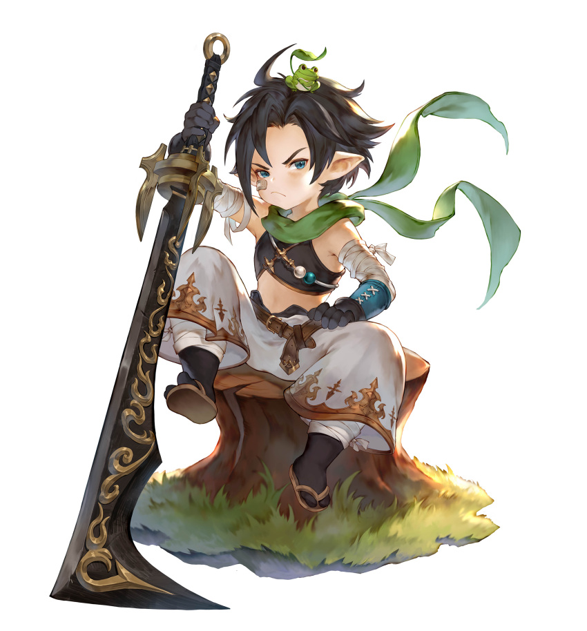 1boy absurdres aqua_eyes baggy_pants bandages bandaid bandaid_on_face black_gloves black_hair flip-flops frog gloves highres holding holding_sword holding_weapon knee_up looking_at_viewer minj_kim original pants pointy_ears sandals scarf sitting solo sword tank_top v-shaped_eyebrows weapon