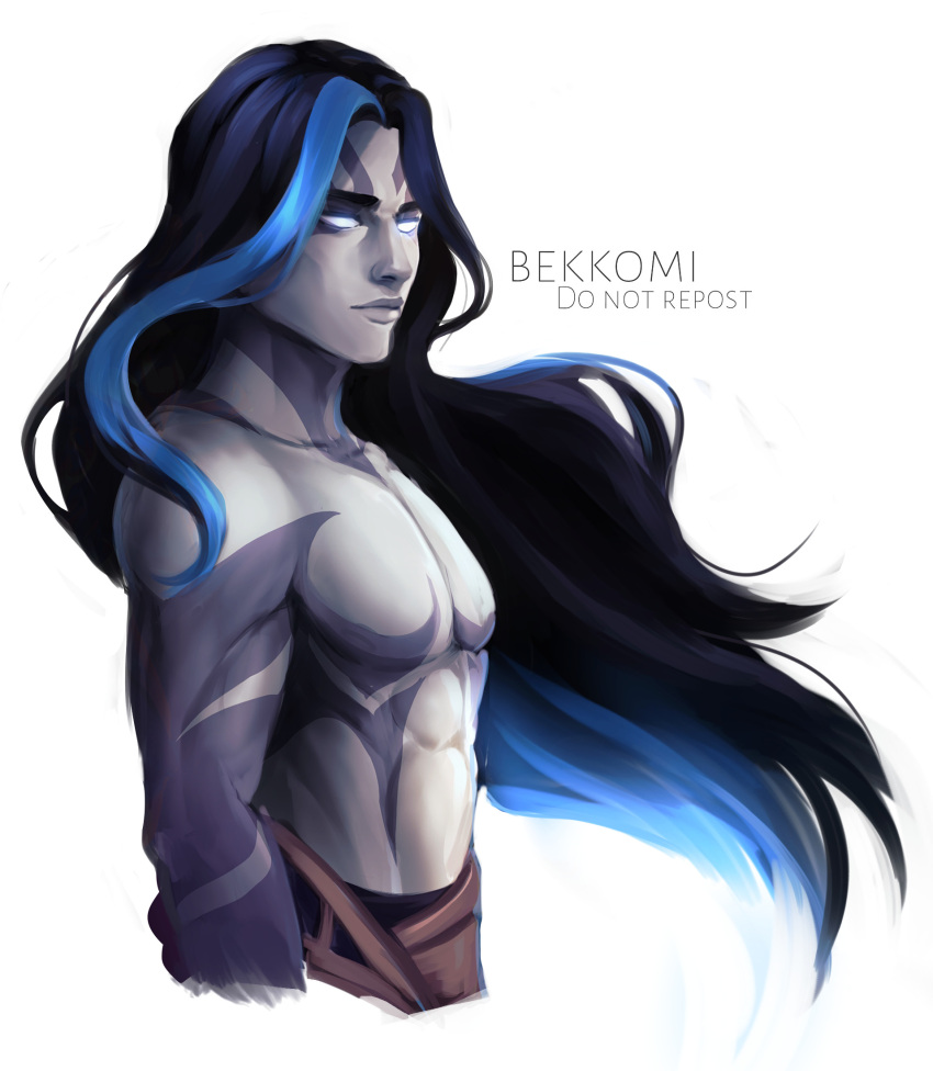 1boy arm_at_side artist_name bangs bekkomi black_hair blue_hair closed_mouth collarbone from_side glowing glowing_eyes highres league_of_legends long_hair parted_bangs shadow_assassin_kayn simple_background smile solo topless_male white_background