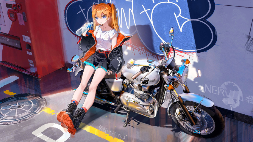 1girl black_jacket black_shorts blue_eyes casual commentary day english_text full_body graffiti ground_vehicle hair_intakes highres jacket long_hair looking_at_viewer motor_vehicle motorcycle neon_genesis_evangelion orange_hair outdoors parted_lips reclining shirt shirt_tucked_in shoes shorts sneakers solo souryuu_asuka_langley sunlight t-shirt two_side_up white_shirt ya_yan
