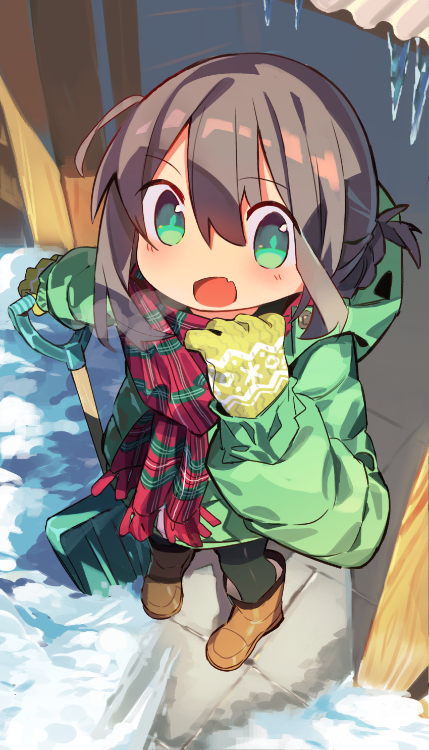 1girl :d black_hair boots breath cloneko_(zelmeledf2) fang from_above gloves green_eyes highres icicle jacket original outdoors scarf skin_fang smile snow snow_shovel solo winter winter_clothes
