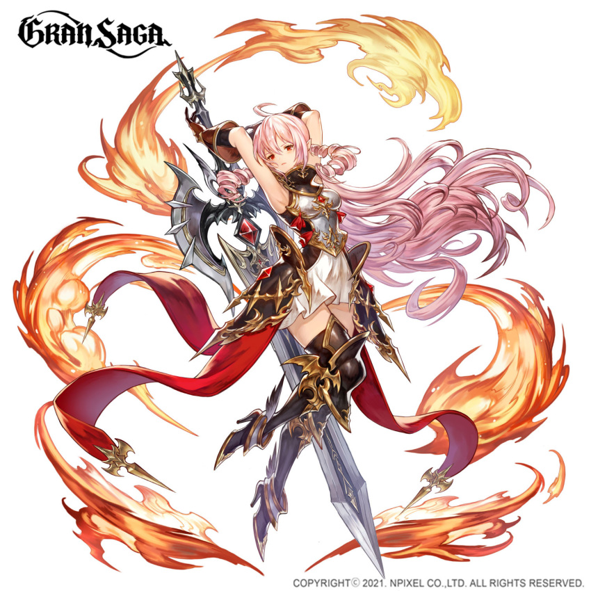 1girl ahoge armor arms_behind_head arms_up bangs breastplate character_request company_name copyright copyright_name dress drill_hair full_body gran_saga highres holding holding_sword holding_weapon long_hair minj_kim official_art pink_hair red_eyes simple_background solo sword thigh-highs weapon white_background