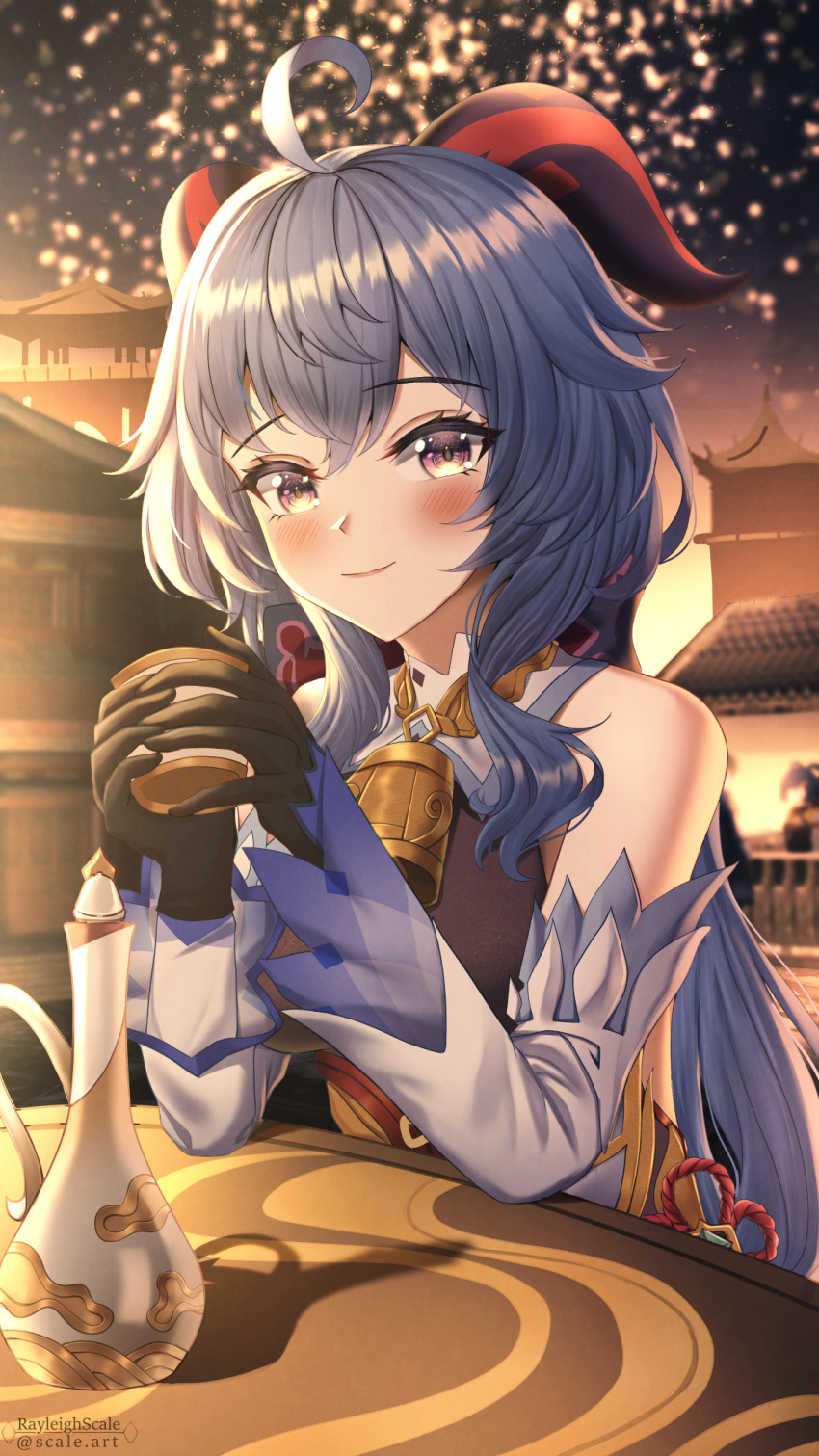 1girl ahoge bangs bare_shoulders bell black_gloves blue_hair blush building chinese_new_year cup detached_sleeves eyebrows_visible_through_hair flower_knot ganyu_(genshin_impact) genshin_impact gloves gold_trim highres holding holding_cup horns lantern long_hair looking_at_viewer neck_bell night outdoors rayleigh_scale sidelocks sitting smile solo table upper_body violet_eyes vision_(genshin_impact) white_sleeves