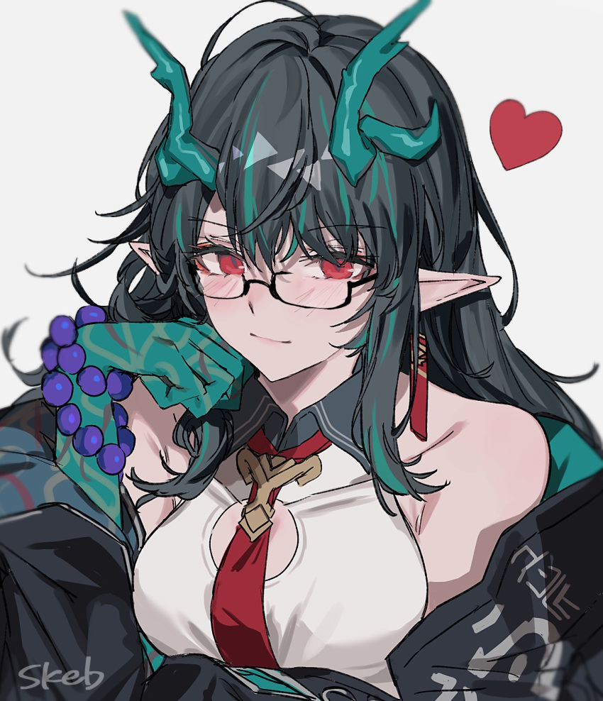 1girl aogisa arknights bangs bare_shoulders bead_bracelet beads bespectacled black-framed_eyewear black_coat black_hair blush bracelet breasts cleavage_cutout closed_mouth clothing_cutout coat colored_skin commission covered_collarbone dragon_horns dress dusk_(arknights) earrings eyebrows_visible_through_hair glasses green_hair green_skin heart highres horns jewelry long_hair long_sleeves looking_at_viewer medium_breasts multicolored_hair necktie open_clothes open_coat pointy_ears red_eyes red_necktie semi-rimless_eyewear simple_background skeb_commission smile solo streaked_hair two-tone_hair under-rim_eyewear upper_body white_background white_dress