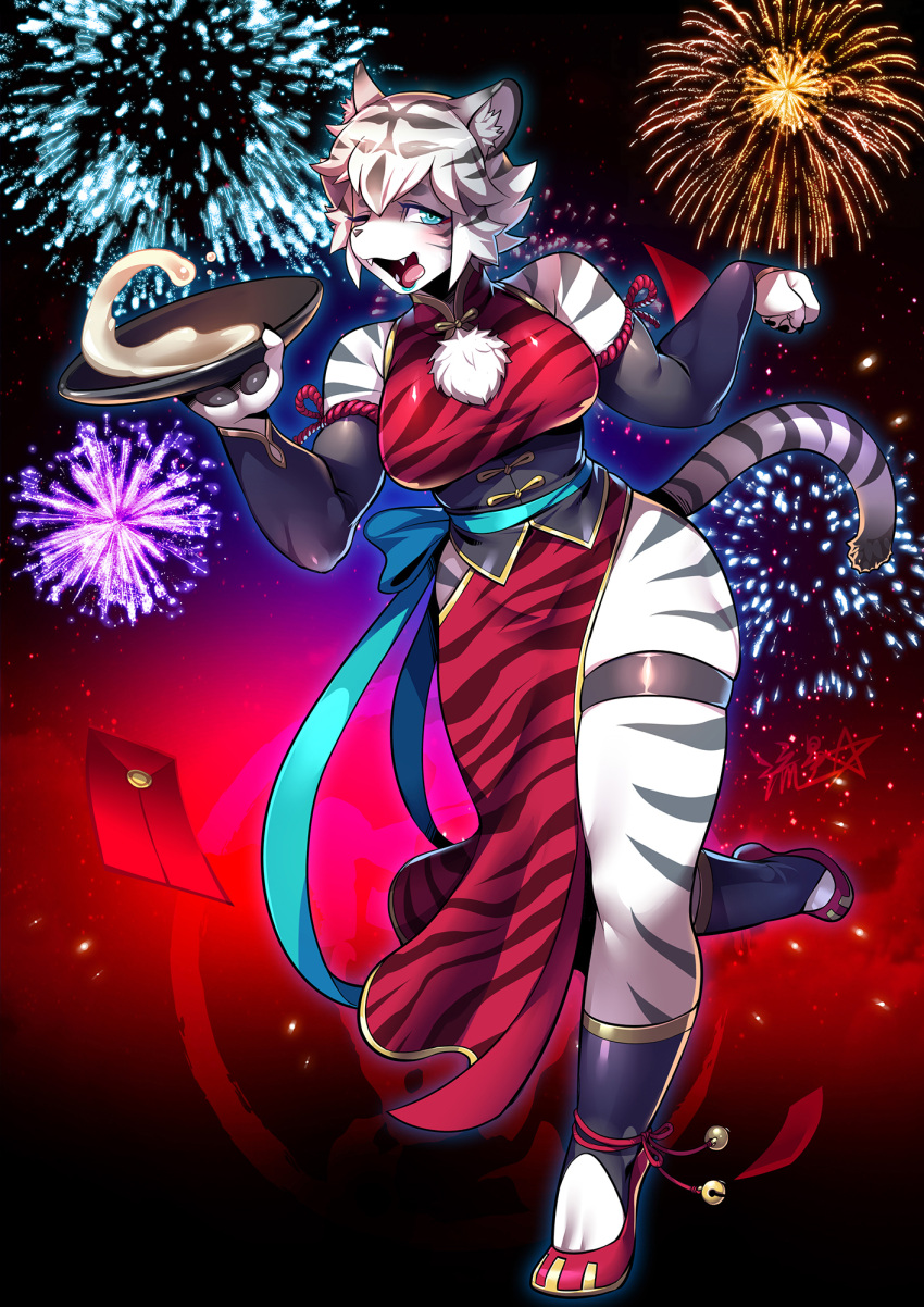 1girl aerial_fireworks akeome animal_ears ankle_bell bell blue_eyes breasts china_dress chinese_clothes chinese_zodiac colored_skin detached_sleeves dress fangs fireworks full_body furry furry_female green_eyes grey_fur grey_skin hands_up happy_new_year high_heels highres holding jingle_bell large_breasts long_sleeves looking_at_viewer new_year one_eye_closed open_mouth original paw_pose red_dress red_footwear ryuusei_(mark_ii) shoes short_hair solo standing standing_on_one_leg tail tiger tiger_ears tiger_tail tongue tongue_out white_hair year_of_the_tiger