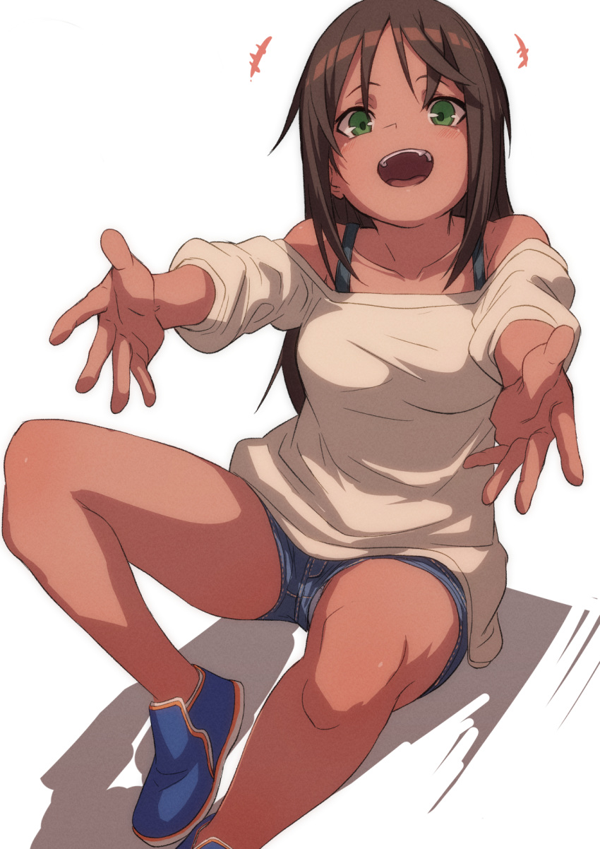 1girl :d brown_hair copyright_request fang fu-ta green_eyes highres long_hair looking_at_viewer off_shoulder outstretched_arms short_shorts shorts simple_background sitting smile solo white_background