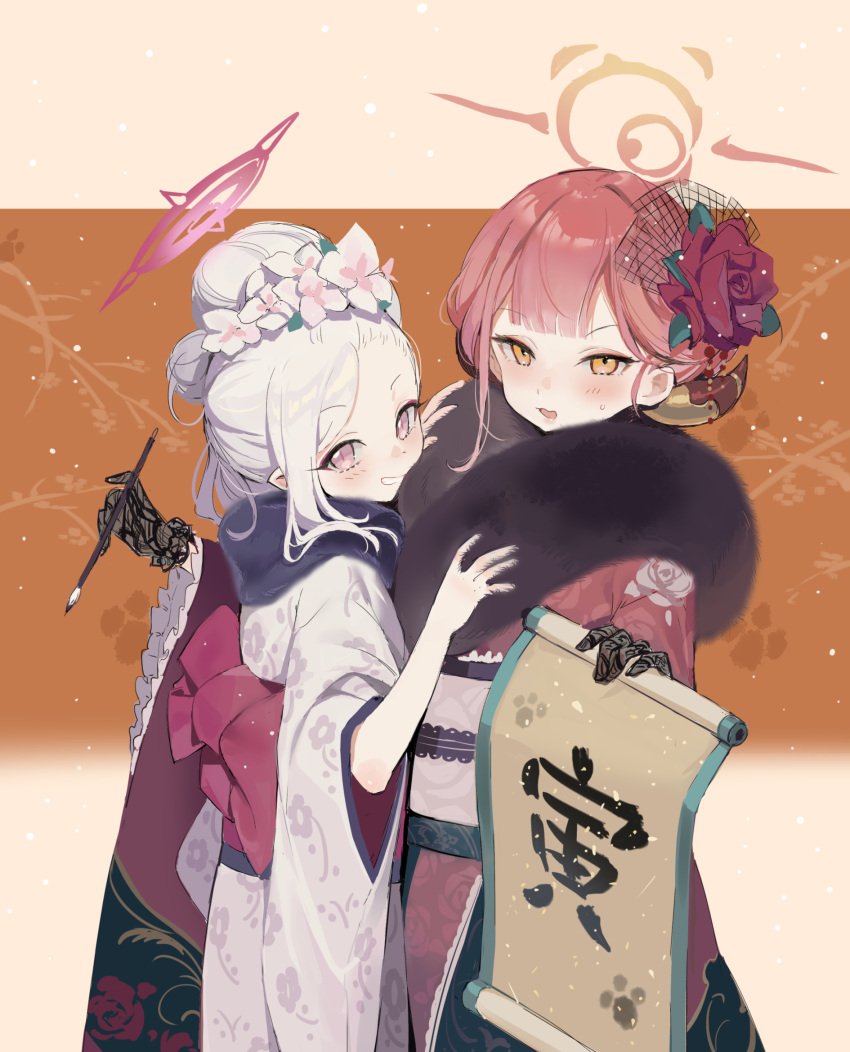 2girls aru_(blue_archive) blue_archive calligraphy_brush flower fur_trim hair_flower hair_ornament highres hug japanese_clothes kimono looking_at_viewer majiang multiple_girls mutsuki_(blue_archive) open_mouth orange_eyes paintbrush parted_lips redhead tied_hair upper_body violet_eyes white_hair