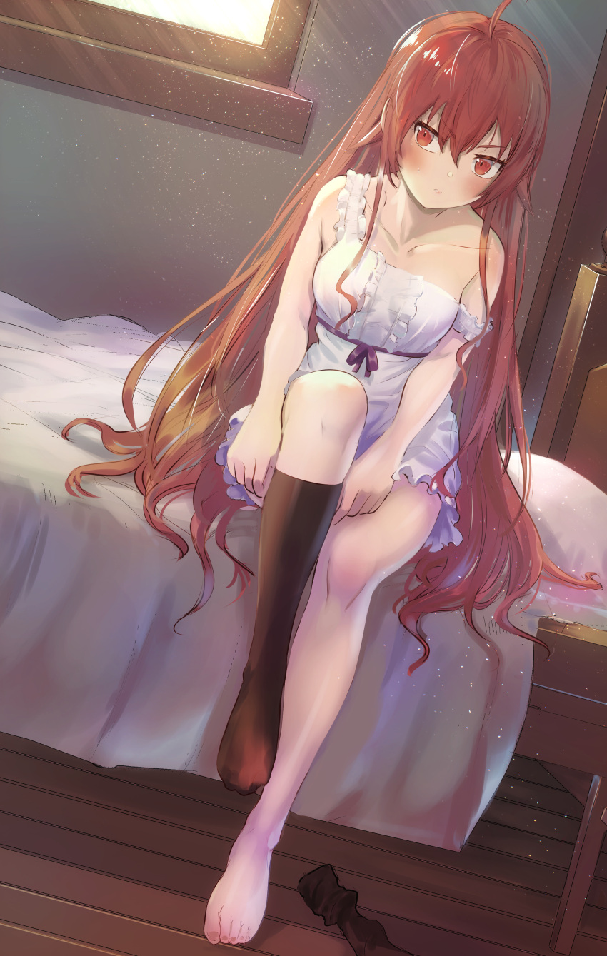 1girl absurdres ahoge bangs bare_legs barefoot black_legwear blush closed_mouth collarbone dress dressing dutch_angle eris_greyrat hair_between_eyes highres kneehighs light_particles long_hair mushoku_tensei off_shoulder on_bed purple_ribbon red_eyes redhead rei_no_himo ribbon shiny shiny_hair short_dress sitting sitting_on_bed solo straight_hair sunlight very_long_hair white_dress wooden_floor yumesaki_takeshi