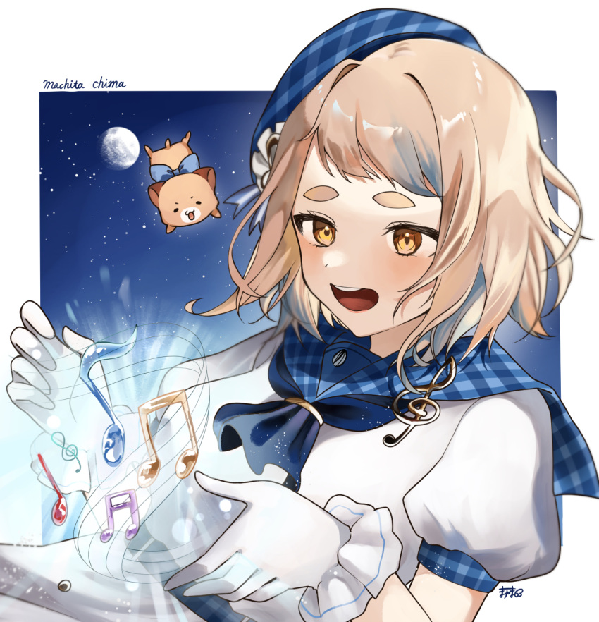 beret blonde_hair blue_bow blue_headwear bow brown_eyes character_name gloves gonzalez_(machita_chima) hamster hat highres machita_chima mayuma_(mayuma_0715) moon musical_note nijisanji open_hands open_mouth plaid_headwear puffy_short_sleeves puffy_sleeves sailor_collar shirt short_bangs short_hair short_sleeves smile space staff_(music) virtual_youtuber white_gloves white_shirt