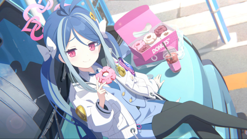 1girl black_legwear blue_archive car cup doughnut dutch_angle food fubuki_(blue_archive) ground_vehicle hair_ornament hair_ribbon halo highres long_hair motor_vehicle multicolored_hair official_art pantyhose pastry_box red_eyes ribbon sitting smile smug solo twintails two-tone_hair uniform