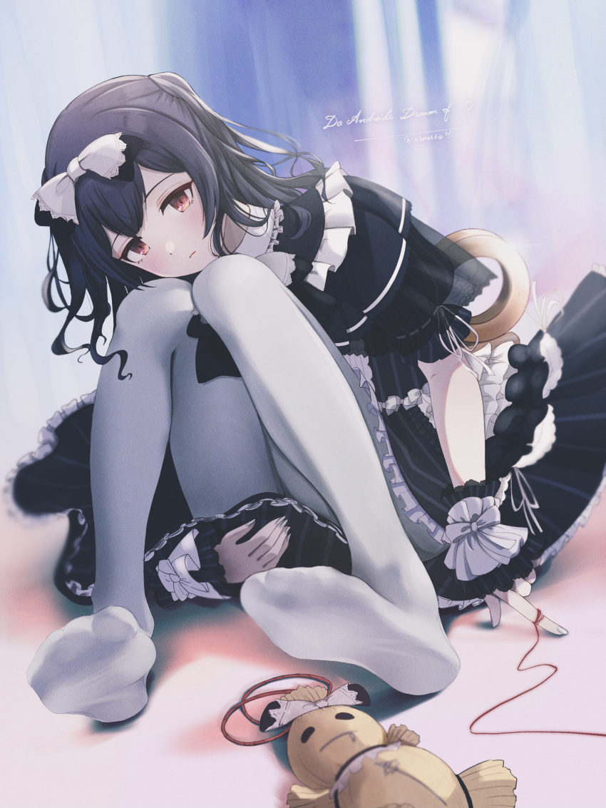1girl absurdres bangs black_dress black_hair blurry blurry_background blush bow closed_mouth covering covering_crotch dot_nose dress dutch_angle expressionless eyebrows_visible_through_hair frilled_dress frills full_body gothic_lolita grey_nails hair_between_eyes hair_bow highres idolmaster idolmaster_shiny_colors lolita_fashion long_hair looking_at_viewer morino_rinze nail_polish no_shoes on_floor pantyhose pleated_dress red_eyes red_ribbon ribbon ringlets short_sleeves sienekko signature sitting soles solo toes voodoo_doll white_bow white_legwear white_ribbon wrist_cuffs