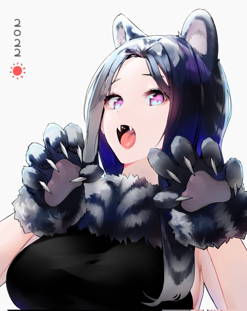 1girl 2022 animal_ear_fluff animal_ears animal_hands armpit_crease black_hair blue_eyes blue_eyeshadow blue_hair bumch_a chinese_zodiac claw_pose claws eyes_visible_through_hair eyeshadow fangs fur-trimmed_gloves fur_trim gloves grey_background grey_hair highres light_blue_eyes long_hair looking_at_viewer makeup multicolored_eyes multicolored_hair open_mouth original pink_eyes simple_background solo tiger_ears tiger_paws tongue upper_body year_of_the_tiger