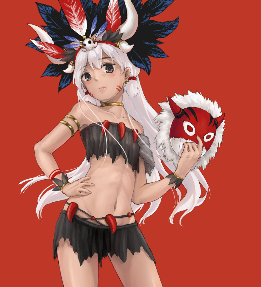1girl black_eyes bracelet chenyunchen2001 gold_bracelet hair_ornament hat_feather highres jewelry loincloth magatama mask nyanko_daisensou red_background short_twintails skull_hair_ornament tama_(nyanko_daisensou) tattoo tribal tribal_tattoo twintails white_hair